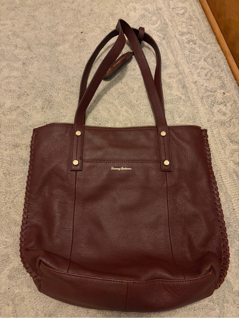 Tommy Bahama Burgundy Pebbled Leather Tote Braided Sides New